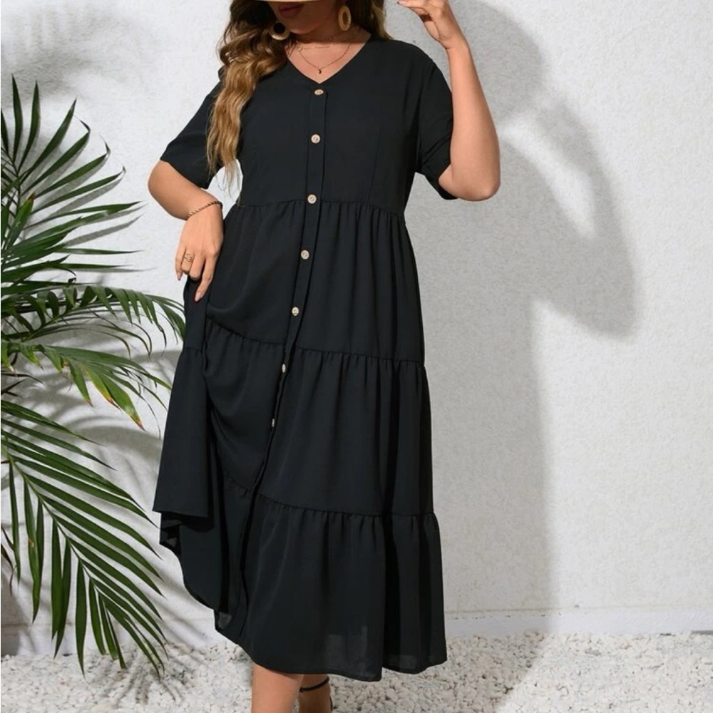 Button Front Ruffle Hem Smock Dress - Picture 4 of 6